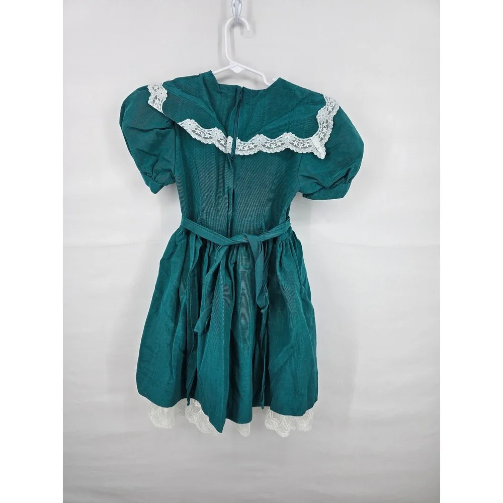 Vintage Jessica McClintock Girls Teal Green Lace Trim Party Dress Size 8 USA